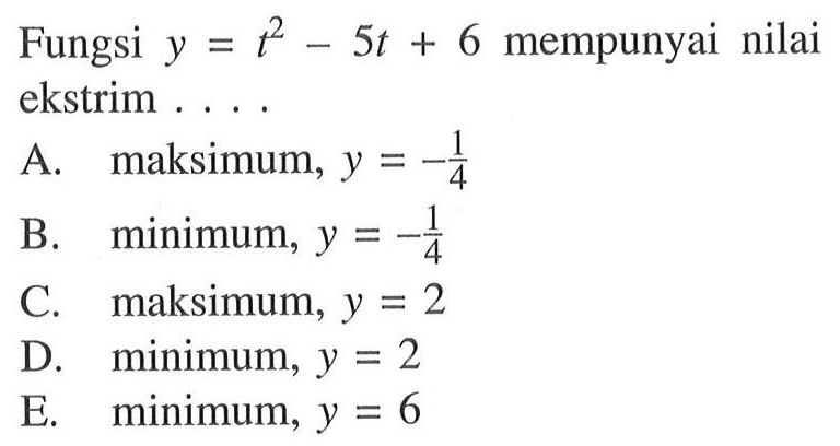 Fungsi  y=t^2-5t+6  mempunyai nilai ekstrim ... .