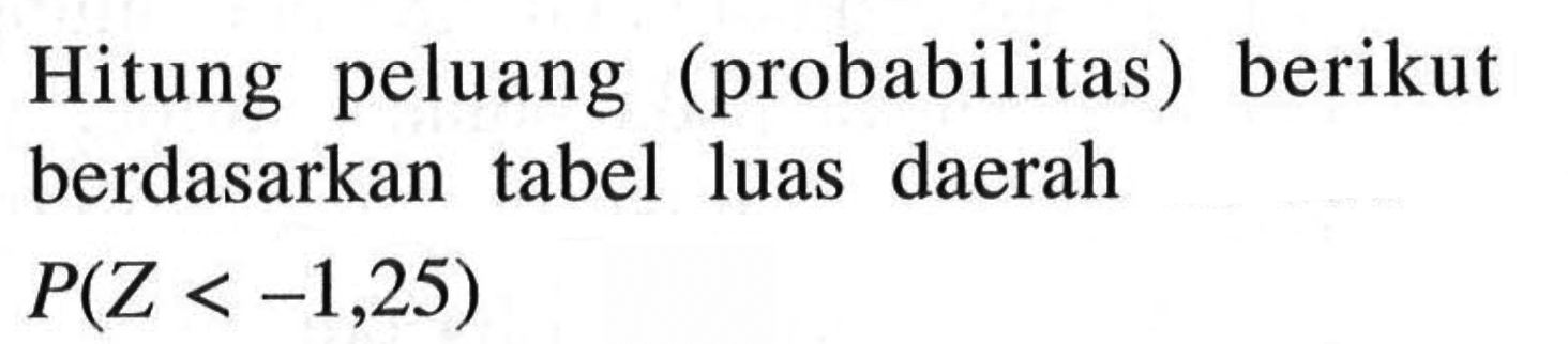 Hitung peluang (probabilitas) berikut berdasarkan tabel luas daerah P(Z<-1,25)