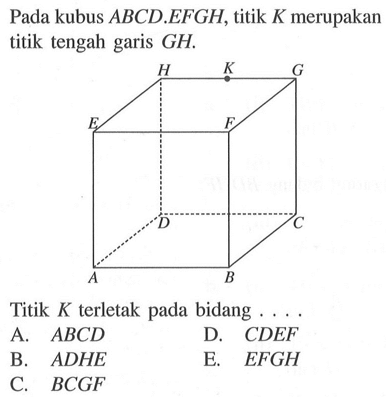 Pada kubus ABCD.EFGH, titik K merupakan titik tengah garis GH. Titik K terletak pada bidang  