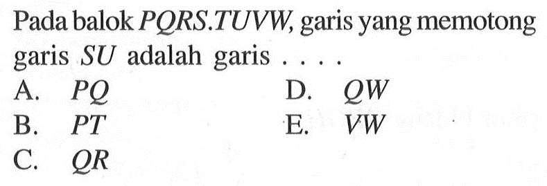 Pada balok PQRS.TUVW, garis yang memotong garis SU adalah garis