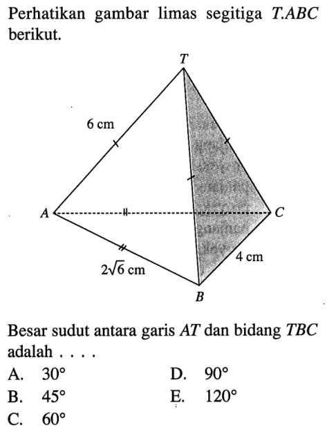 Perhatikan gambar limas segitiga T.ABC berikut. Besar sudut antara garis AT dan bidang TBC adalah . . . .