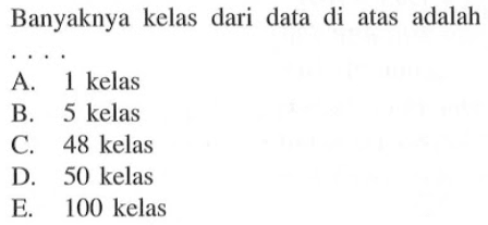 Banyaknya kelas dari data di atas adalah.... A. 1 kelas B. 5 kelas C. 48 kelas D. 50 kelas E. 100 kelas