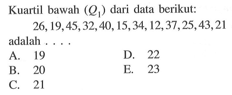 Kuartil bawah (Q1) dari data berikut: 26,19,45,32,40,15,34,12,37,25,43,21 adalah....