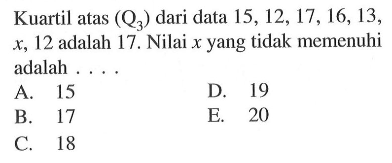 Kuartil atas (Q3) dari data 15, 12, 17, 16, 13, x, 12 adalah 17. Nilai x yang tidak memenuhi adalah....