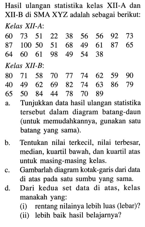 Hasil ulangan statistika kelas XII-A dan XII-B di SMA XYZ adalah sebagai berikut: Kelas XII-A: 60 73 51 22 38 56 56 92 73 87 100 50 51 68 49 61 87 65 64 60 61 98 49 54 38 Kelas XII-B: 80 71 58 70 77 74 62 59 90 40 49 62 69 82 74 63 86 79 65 50 84 44 78 70 89 Tunjukkan data hasil ulangan statistika tersebut dalam diagram batang-daun (untuk memudahkannya, gunakan satu batang yang sama) b. Tentukan nilai terkecil, nilai terbesar, median, kuartil bawah, dan kuartil atas untuk masing-masing kelas. c. Gambarlah diagram kotak-garis dari data di atas pada satu sumbu yang sama. d. Dari kedua set data di atas, kelas manakah yang: (i) rentang nilainya lebih luas (lebar)? (ii) lebih baik hasil belajarnya?