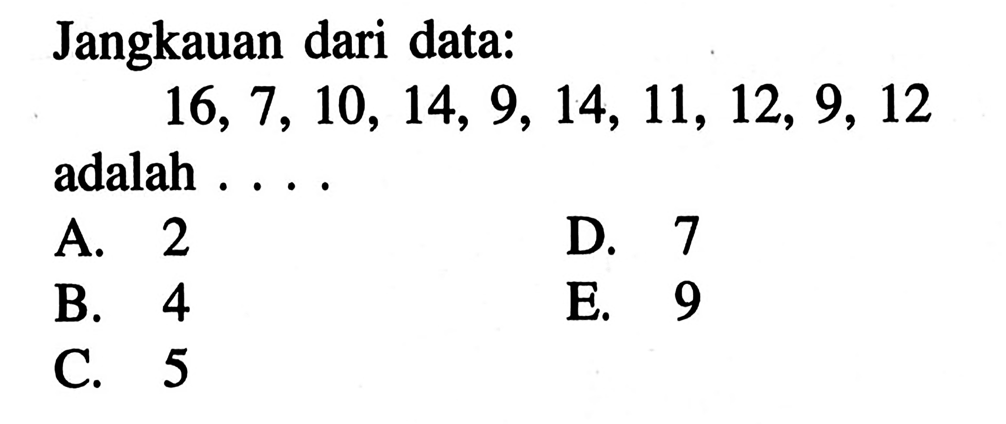 Jangkauan dari data: 16, 7, 10, 14, 9, 14, 11, 12, 9, 12 adalah . . . .