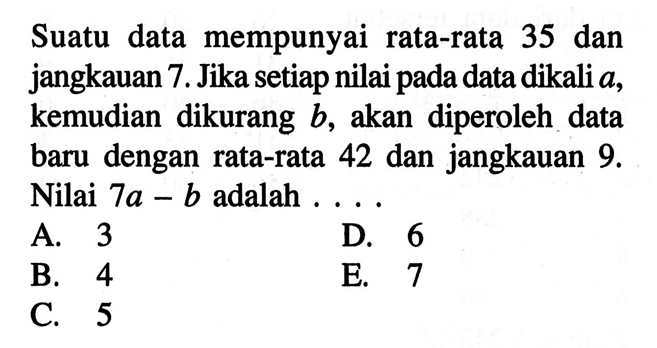 Suatu data mempunyai rata-rata 35 dan jangkauan 7. Jika setiap nilai pada data dikali a, kemudian dikurang b, akan diperoleh data baru dengan rata-rata 42 dan jangkauan 9. Nilai 7a-b adalah . . . .