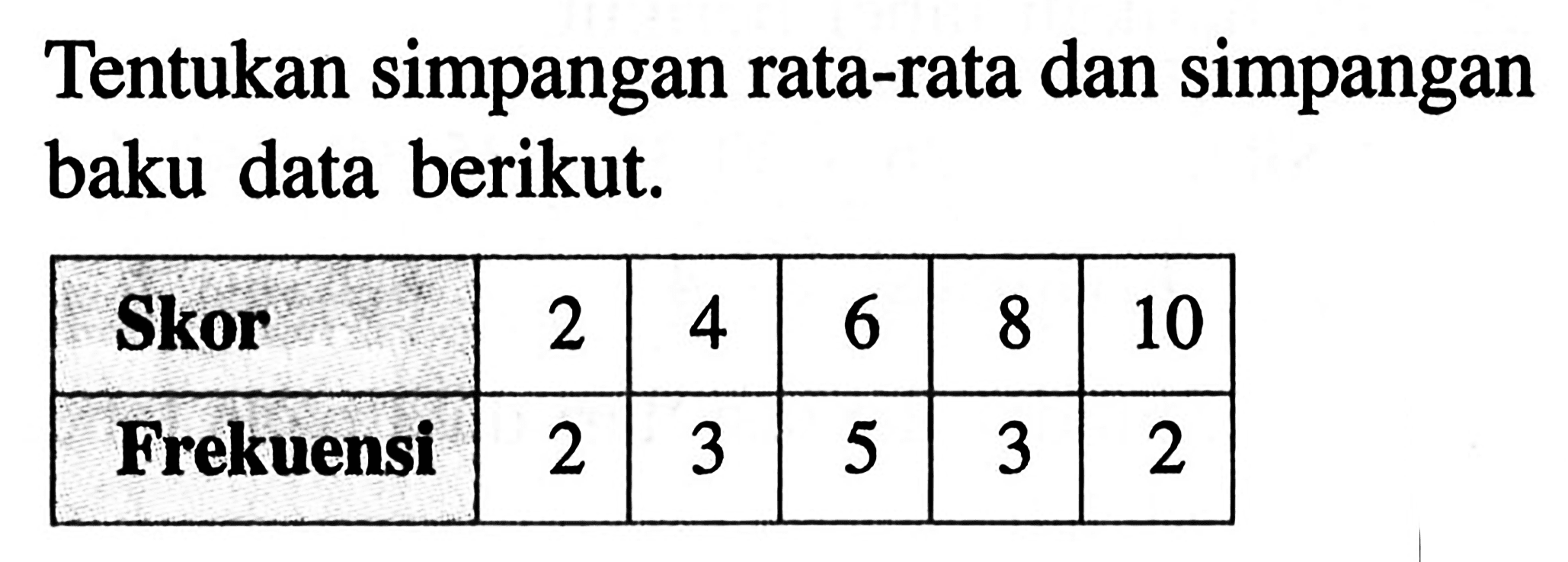 Tentukan simpangan rata-rata dan simpangan baku data berikut, Skor 2 4 6 8 10 Frekuensi 2 3 5 3 2