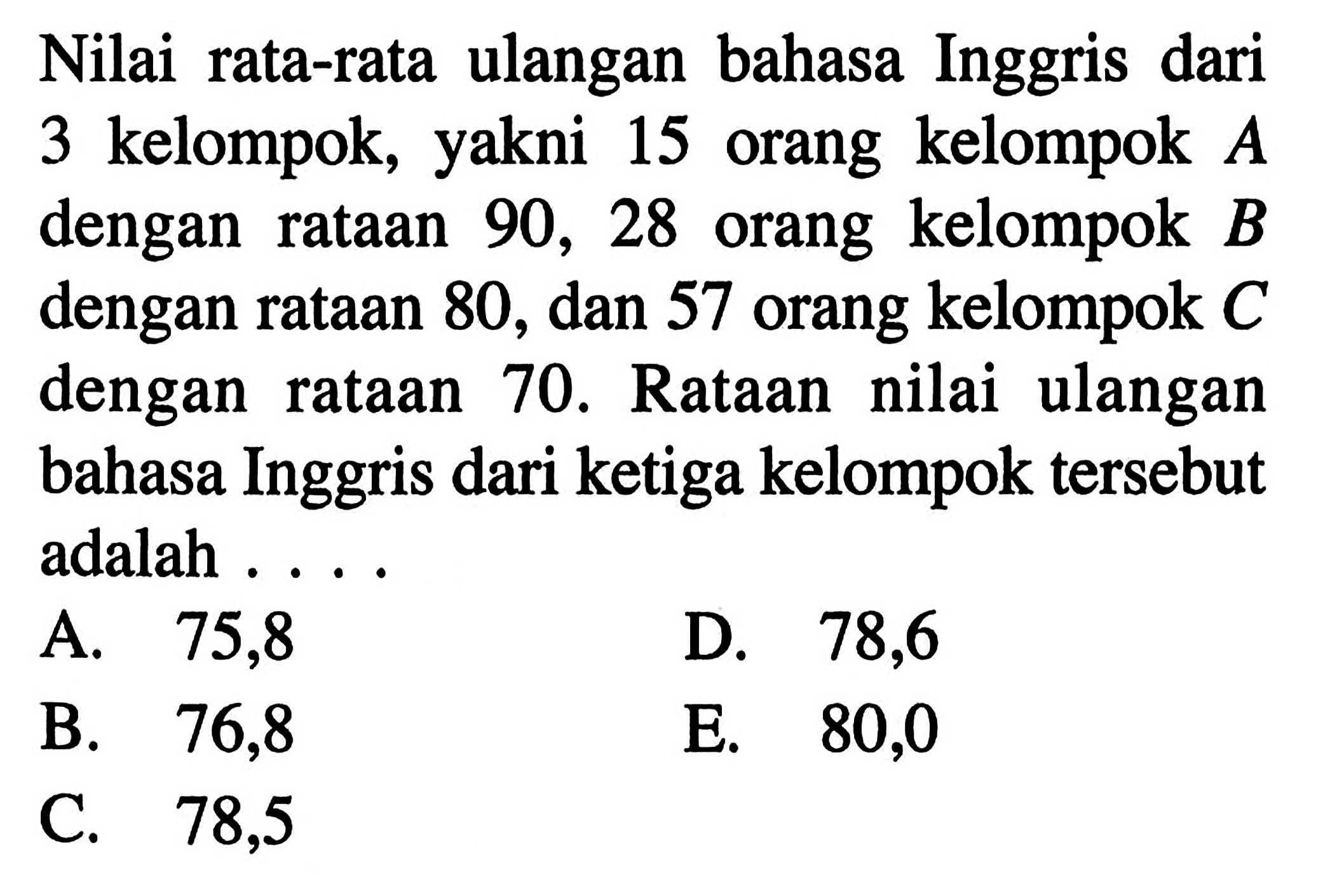 Nilai rata-rata ulangan bahasa Inggris dari 3 kelompok, yakni 15 orang kelompok A dengan rataan 90, 28 orang kelompok B dengan rataan 80, dan 57 orang kelompok C dengan rataan 70. Rataan nilai ulangan bahasa Inggris dari ketiga kelompok tersebut adalah . . . .