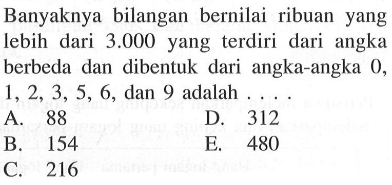 Banyaknya bilangan bernilai ribuan yang lebih dari 3.000 yang terdiri dari angka berbeda dan dibentuk dari angka-angka 0,1,2,3,5,6,dan 9 adalah ...