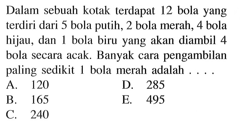Dalam sebuah kotak terdapat 12 bola yang terdiri dari 5 bola putih, 2 bola merah, 4 bola hijau, dan 1 bola biru yang akan diambil 4 bola secara acak. Banyak cara pengambilan paling sedikit 1 bola merah adalah ....