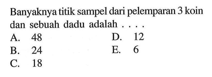 Banyaknya titik sampel dari pelemparan 3 koin dan sebuah dadu adalah ... .