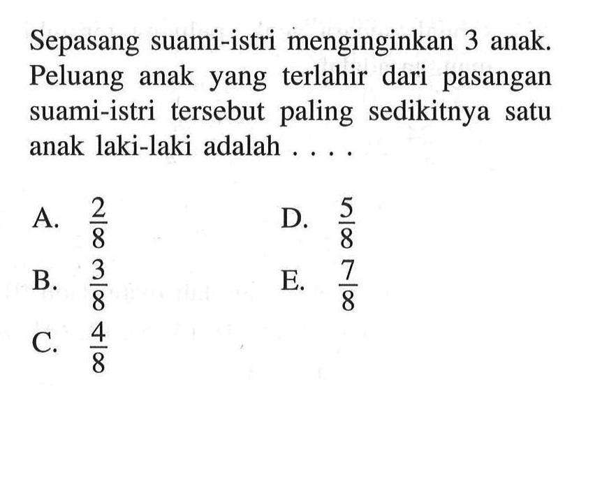 Sepasang suami-istri menginginkan 3 anak. Peluang anak yang terlahir dari pasangan suami-istri tersebut paling sedikitnya satu anak laki-laki adalah . . . .