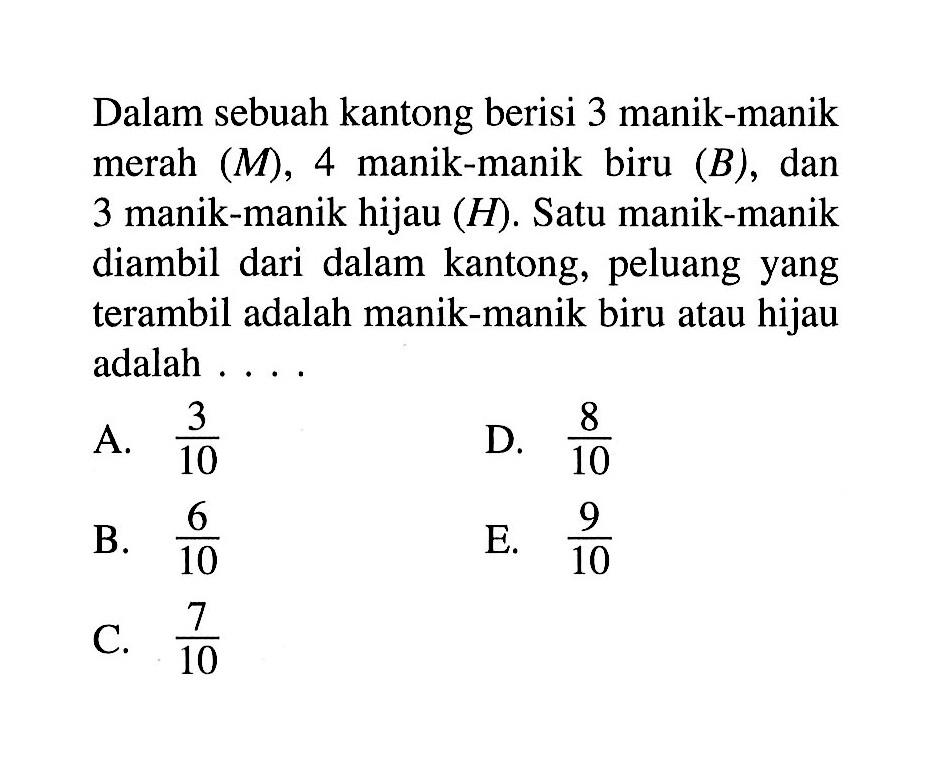 Dalam sebuah kantong berisi 3 manik-manik merah (M), 4 manik-manik biru (B), dan 3 manik-manik hijau (H). Satu manik-manik diambil dari dalam kantong, peluang yang terambil adalah manik-manik biru atau hijau adalah ...
