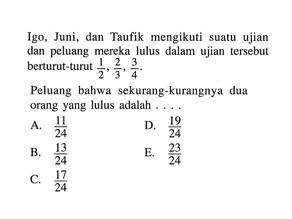 Igo, Juni, dan Taufik mengikuti suatu ujian dan peluang mereka lulus dalam ujian tersebut berturut-turut  1/2, 2/3, 3/4 .
Peluang bahwa sekurang-kurangnya dua orang yang lulus adalah  ... .
