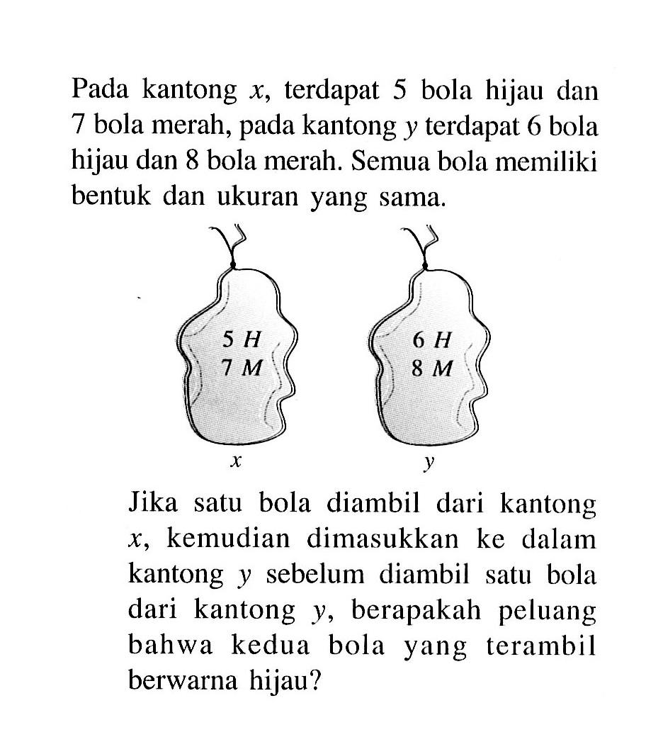 Pada kantong x, terdapat 5 bola hijau dan 7 bola merah, pada kantong y terdapat 6 bola hijau dan 8 bola merah. Semua bola memiliki bentuk dan ukuran yang sama.5 H 7 M x 6 H 8 M yJika satu bola diambil dari kantong x, kemudian dimasukan ke dalam kantong y sebelum diambil satu bola dari kantong y, berapakah peluang bahwa kedua bola yang terambil berwarna hijau? 