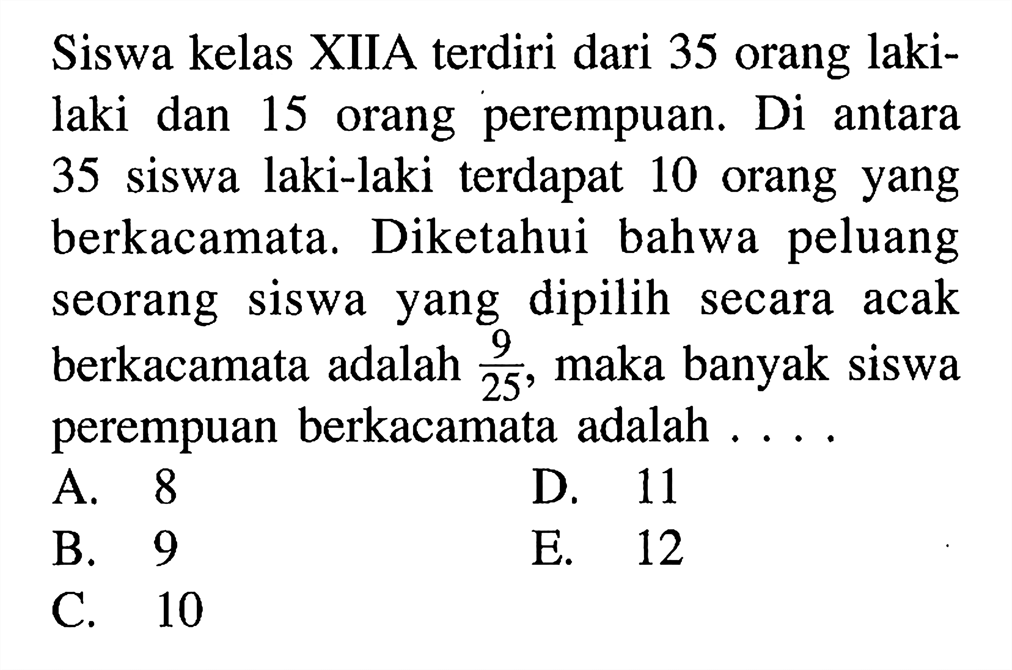 Siswa kelas XIIA terdiri dari 35 orang lakilaki dan 15 orang perempuan. Di antara 35 siswa laki-laki terdapat 10 orang yang berkacamata. Diketahui bahwa peluang seorang siswa yang dipilih secara acak berkacamata adalah  9/25 , maka banyak siswa perempuan berkacamata adalah....