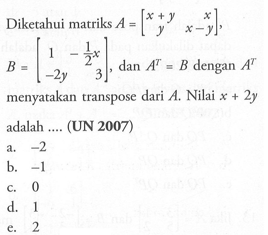 Diketahui matriks A=[x+y x y x-y], B=[1 -1/2x -2y 3], dan A^T=B dengan AT menyatakan transpose dari A. Nilai x+2y adalah ... (UN 2007)