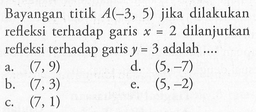 Bayangan titik A(-3,5) jika dilakukan refleksi terhadap garis x=2 dilanjutkan refleksi terhadap garis y=3 adalah....