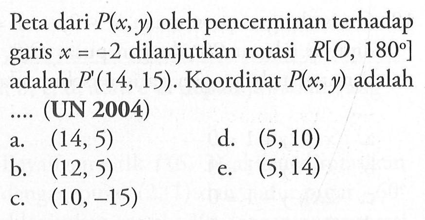Peta dari P(x,y) oleh pencerminan terhadap garis x=-2 dilanjutkan rotasi R[O, 180] adalah P'(14,15). Koordinat P(x,y) adalah .... (UN 2004)