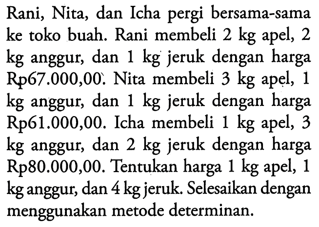 Rani, Nita, dan Icha pergi bersama-sama ke toko buah. Rani membeli 2 kg apel, 2 kg anggur, dan 1 kg jeruk dengan harga Rp67.000,00. Nita membeli 3 kg apel, 1 kg anggur, dan 1 kg jeruk dengan harga Rp61.000,00. Icha membeli 1 kg apel, 3 kg anggur, dan 2 kg jeruk dengan harga Rp80.000,00. Tentukan harga 1 kg apel, 1 kg anggur, dan 4 kg jeruk. Selesaikan dengan menggunakan metode determinan.