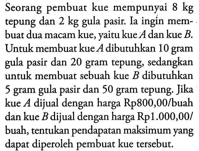 Seorang pembuat kue mempunyai 8 kg tepung dan 2 kg gula. Ia ingin membuat dua macam kue, yaitu kue A dan kue B. Untuk membuat kue A dibutuhkan 10 gram gula pasir dan 20 gram tepung, sedangkan untuk membuat sebuah kue B dibutuhkan 5 gram gula pasir dan 50 tepung. Jika gram kue A dijual dengan harga Rp800,00/buah dan kue B dijual dengan harga Rp1.000,00/buah, tentukan pendapatan maksimum yang dapat diperoleh pembuat kue tersebut.