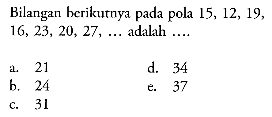 Bilangan berikutnya pada pola 15,12,19,16,23,20,27, .... adalah .... 
