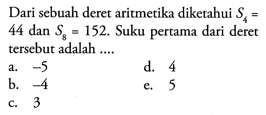 Dari sebuah deret aritmetika diketahui  S4=44 dan  S8=152.  Suku pertama dari deret tersebut adalah ....
