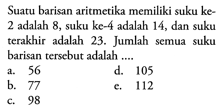 Suatu barisan aritmetika memiliki suku ke-2 adalah 8, suku ke-4 adalah 14, dan suku terakhir adalah 23. Jumlah semua suku barisan tersebut adalah