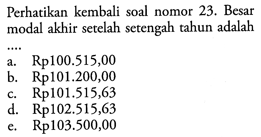 Perhatikan kembali soal nomor 23. Besar modal akhir setelah setengah tahun adalah ... 