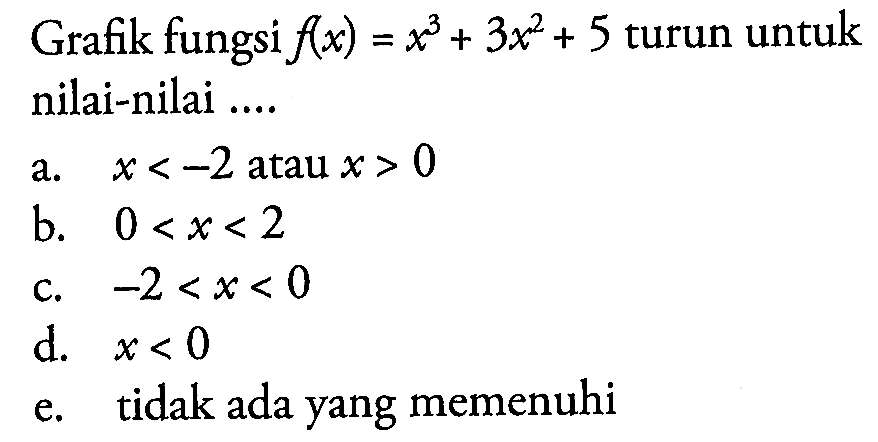 Grafik fungsi  f(x)=x^3+3x^2+5  turun untuk nilai-nilai ....