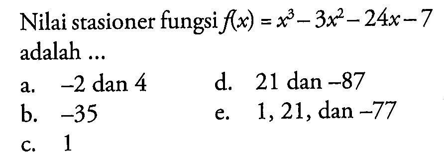 Nilai stasioner fungsi f(x)=x^3-3x^2-24x-7 adalah ...