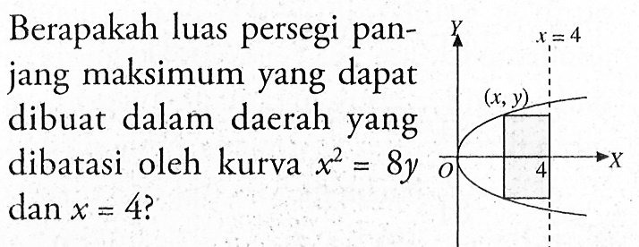 Berapakah luas persegi panjang maksimum yang dapat dibuat dalam daerah yang dibatasi oleh kurva x^2=8y dan x=4? Y O (x,y) x=4 X  