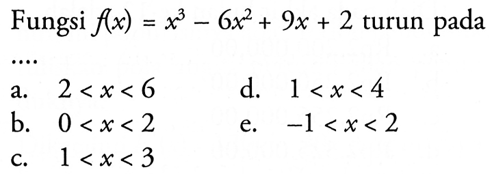 Fungsi f(x)=x^3-6x^2+9x+2 turun pada...