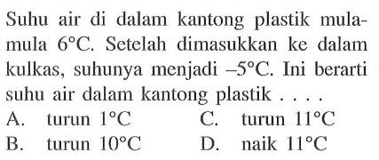 Suhu air di dalam kantong plastik mula mula 6 C. Setelah dimasukkan ke dalam kulkas, suhunya menjadi -5 C. Ini berarti suhu air dalam kantong plastik .... A. turun 1 C B. turun 10 C C. turun 11 C D. naik 11 C