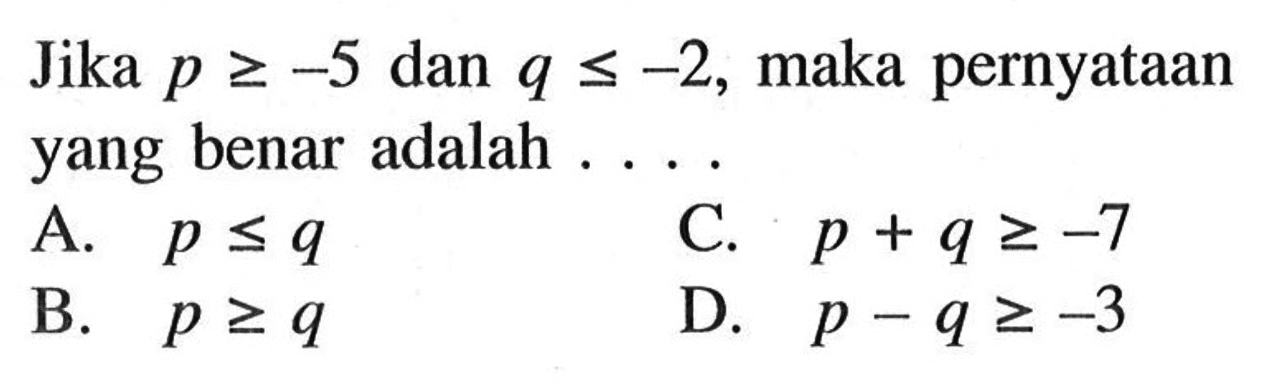 Jika p >= -5 dan q <= -2, maka pernyataan yang benar adalah.... A. p <= q C. p + q >= -7 B. p >= q D. p - q >= -3