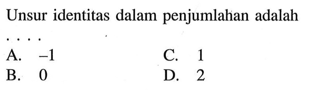 Unsur identitas dalam penjumlahan adalah ....