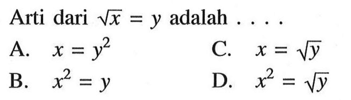 Arti dari akar(x) = y adalah ....