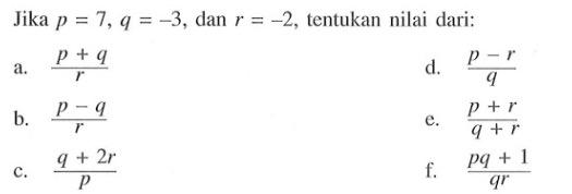 Jika p = 7, q = -3, dan r = -2, tentukan nilai dari : a. (p + q)/r b. (p - q)/r c. (q + 2r)/p d. (p - r)/q e. (p + r)/ (q + r) f. (pq + 1)/qr