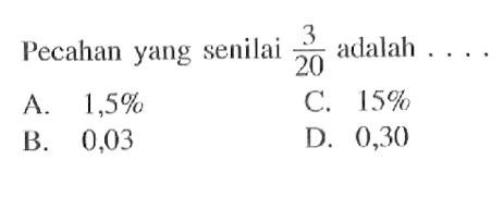 Pecahan yang senilai 3/20 adalah . . . .