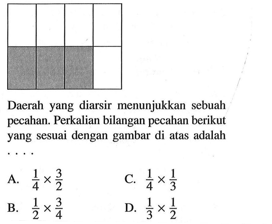 Daerah yang diarsir menunjukkan sebuah pecahan. Perkalian bilangan pecahan berikut yang sesuai dengan gambar di atas adalah ...