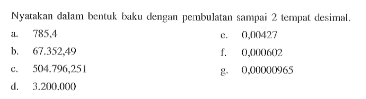 Nyatakan dalam bentuk baku dengan pembulatan sampai 2 tempat desimal. a. 785,4 b. 67.352,49 c. 504.796,251 d. 3.200.000 e. 0,00427 f. 0,000602 g. 0,00000965