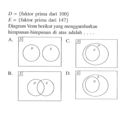 D = {faktor prima dari 100} E = {faktor prima dari 147} Diagram Venn berikut yang menggambarkan himpunan-himpunan di atas adalah....