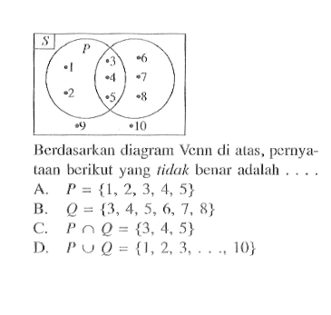 Berdasarkan diagram Venn di atas, pernyataan berikut yang tidak benar adalah . . . . A. P = {1, 2, 3, 4, 5} B. Q = {3, 4, 5, 6, 7, 8} C. P n Q = {3, 4, 5} D. P u Q = {1, 2, 3, . . . ., 10}