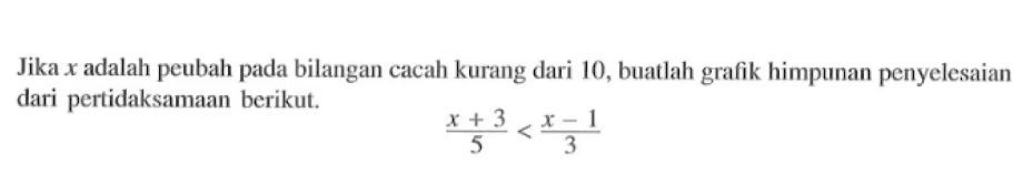 Jika x adalah peubah pada bilangan cacah kurang dari 10, buatlah gralik himpunan penyelesaian dari pertidaksamaan berikut. (x + 3)/5 < (x - 1)/3