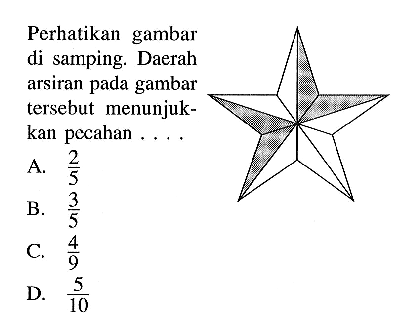 Perhatikan gambar di samping. Daerah arsiran pada gambar tersebut menunjukan pecahan .... A. 2/5 B. 3/5 C. 4/9 D. 5/10