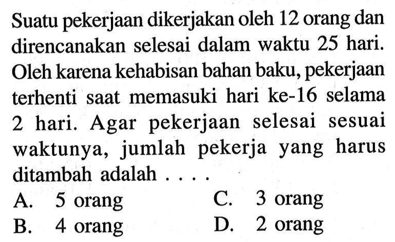 Suatu pekerjaan dikerjakan oleh 12 orang dan direncanakan selesai dalam waktu 25 hari. Oleh karena kehabisan bahan baku, pekerjaan terhenti saat memasuki hari ke-16 selama 2 hari. Agar pekerjaan selesai sesuai waktunya, jumlah pekerja yang harus ditambah adalah ...