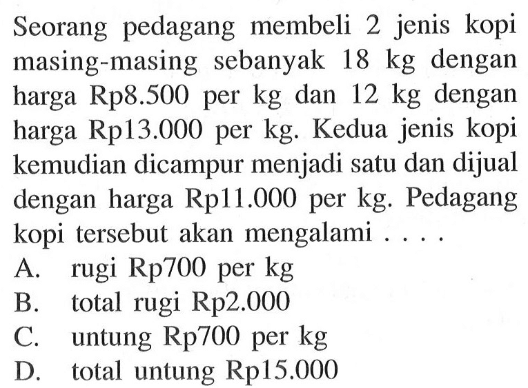 Seorang pedagang membeli 2 jenis kopi masing-masing sebanyak  18 kg  dengan harga Rp8.500 per  kg  dan  12 kg  dengan harga Rp13.000 per kg. Kedua jenis kopi kemudian dicampur menjadi satu dan dijual dengan harga Rp11.000 per kg. Pedagang kopi tersebut akan mengalami .... .