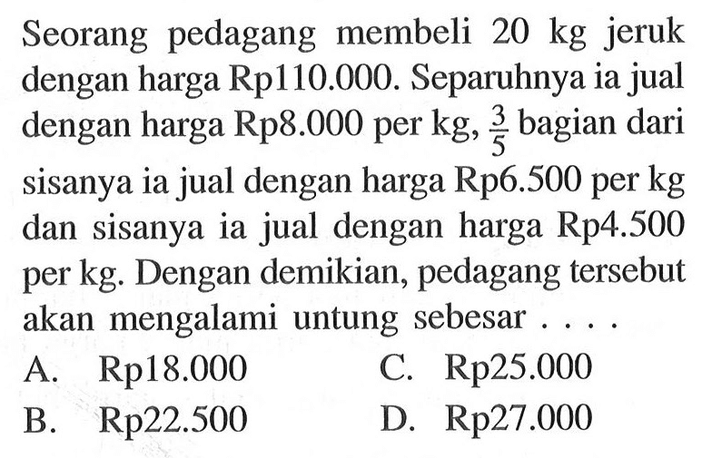 Seorang pedagang membeli 20 kg jeruk dengan harga Rp 110.000. Separuhnya ia jual dengan harga Rp8.000 per kg, 3/5 bagian dari sisanya ia jual dengan harga Rp6.500 per kg dan sisanya ia jual dengan harga Rp 4.500 per kg. Dengan demikian, pedagang tersebut akan mengalami untung sebesar . . . .