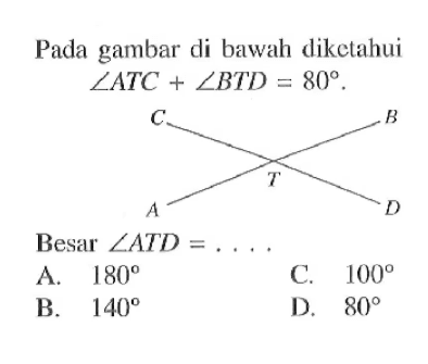 Pada gambar di bawah diketahui sudut ATC +sudut BTD =80. Besar sudut ATD=....
